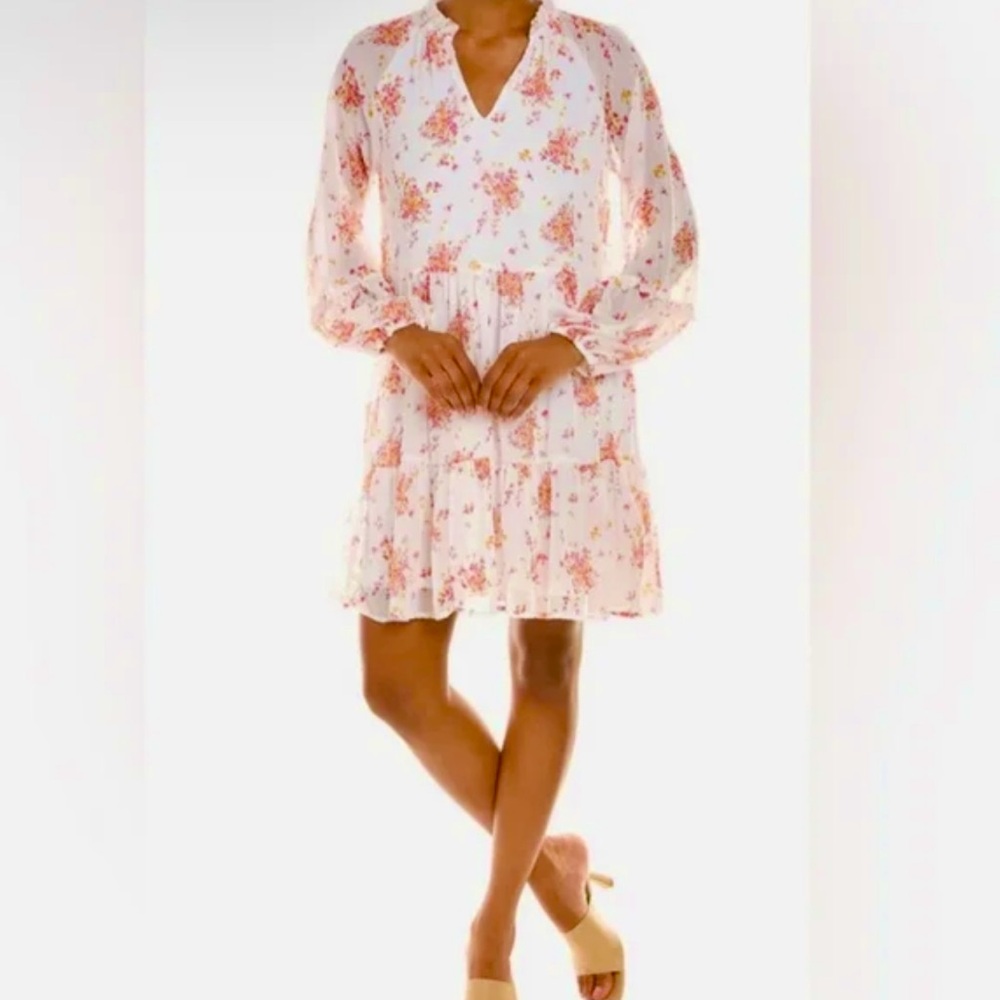 Vince Camuto Boho Floral V-neck Pink & White Tiered Ruffle Dress Size Medium